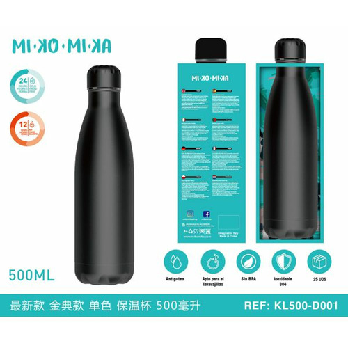 BOTELLA TERMO ACERO INOXIDABLE BRILLO NEGRA KL500-D001