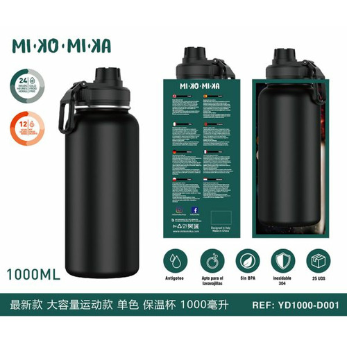 BOTELLA TERMO ACERO INOXIDABLE GRANDE MATE NEGRA YD1000-D001