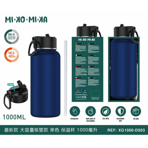 BOTELLA TERMO ACERO INOXIDABLE PAJITA MATE AZUL OSCURO XG1000-D003